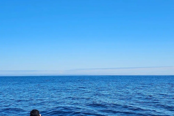 Two people on a boat in calm blue ocean under clear skies.